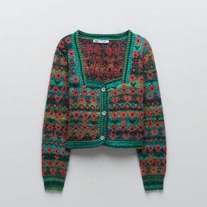 Zara Square Neck Floral Knit Cardigan